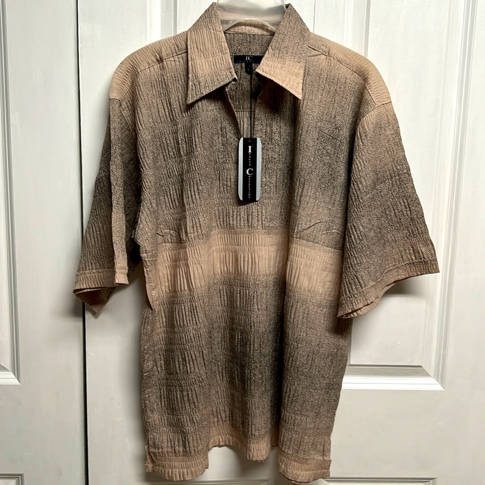 Italian Collection Shades Of Tan Black Short Sleeve Crinkle Shirt Size L NWT